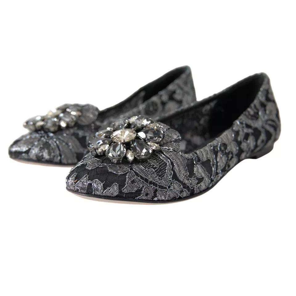 Dolce & Gabbana Gray Black Lace Crystal Ballet Loafers Shoes