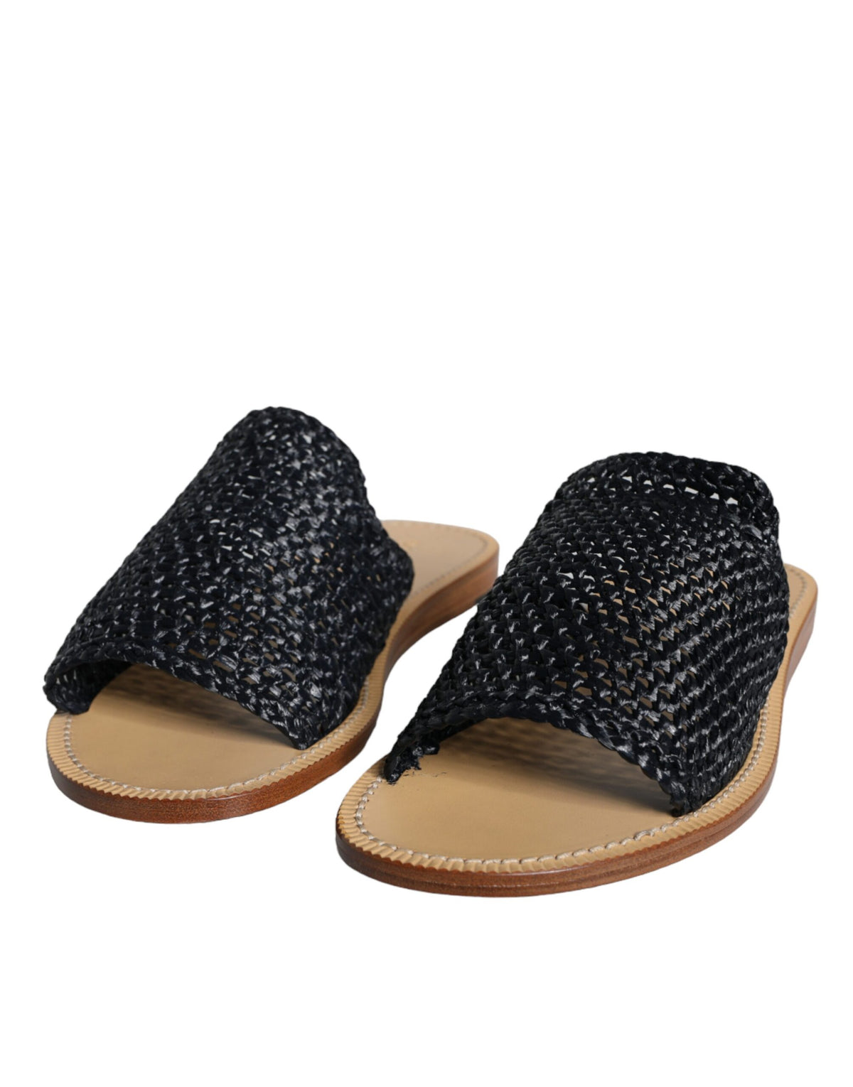Dolce & Gabbana Black Monochrome Braided Raffia Slides Shoes