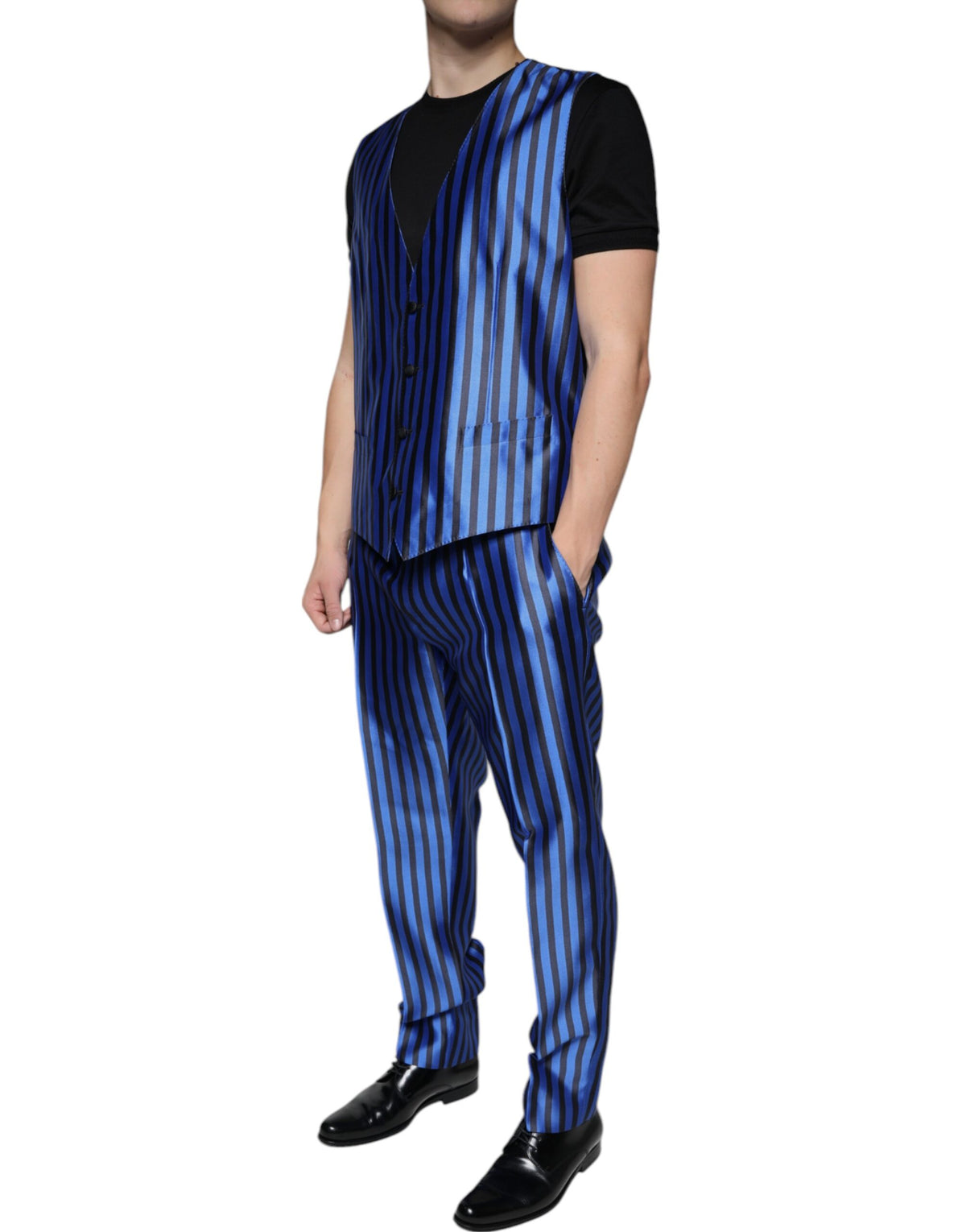 Dolce & Gabbana Metallic Blue Stripes Formal 3 Piece Suit