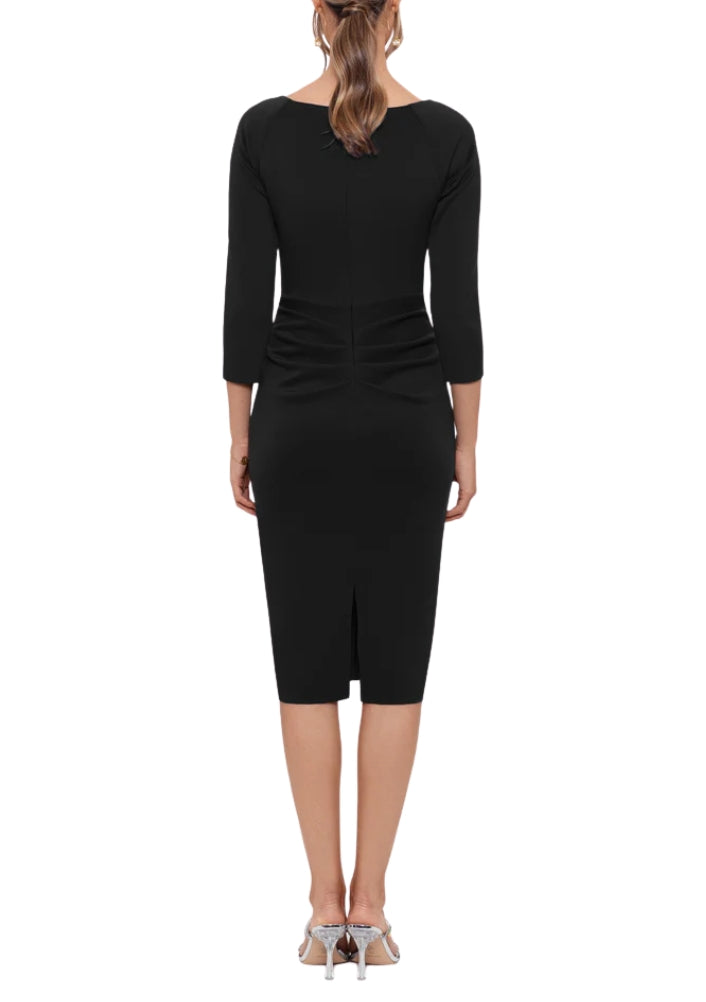 V-Neck 3/4 Sleeve Ruffle Side Sheath Midi Dress Xscape 4994X
