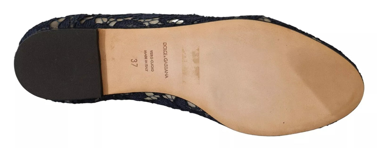 Dolce & Gabbana Blue Crystal Loafer Lace Ballet Flats Shoes