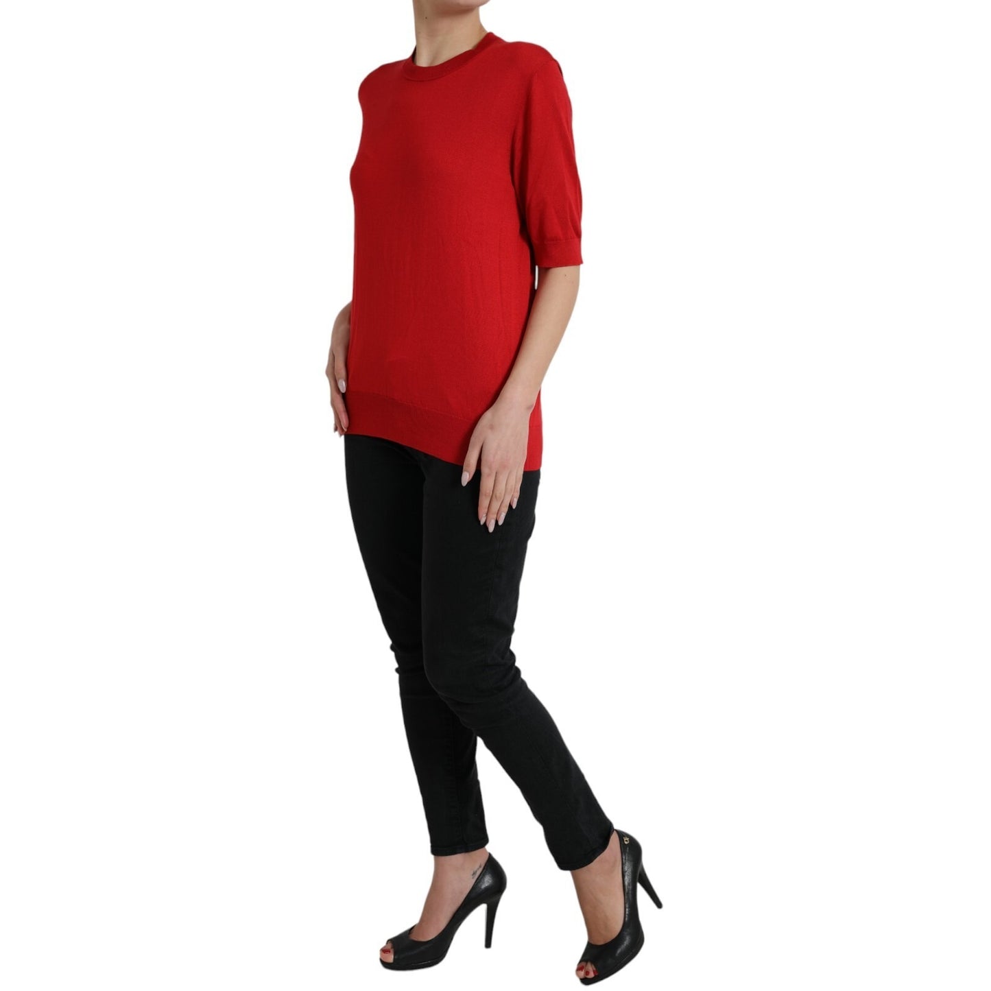 Red Silk Crew Neck Short Sleeves Top T-shirt