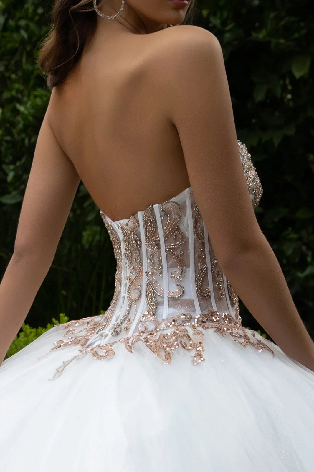 Embellished scallop edge corset with matching dangling loop bead fringe slit bishop sleeve bolero Quinceanera GLGL3578