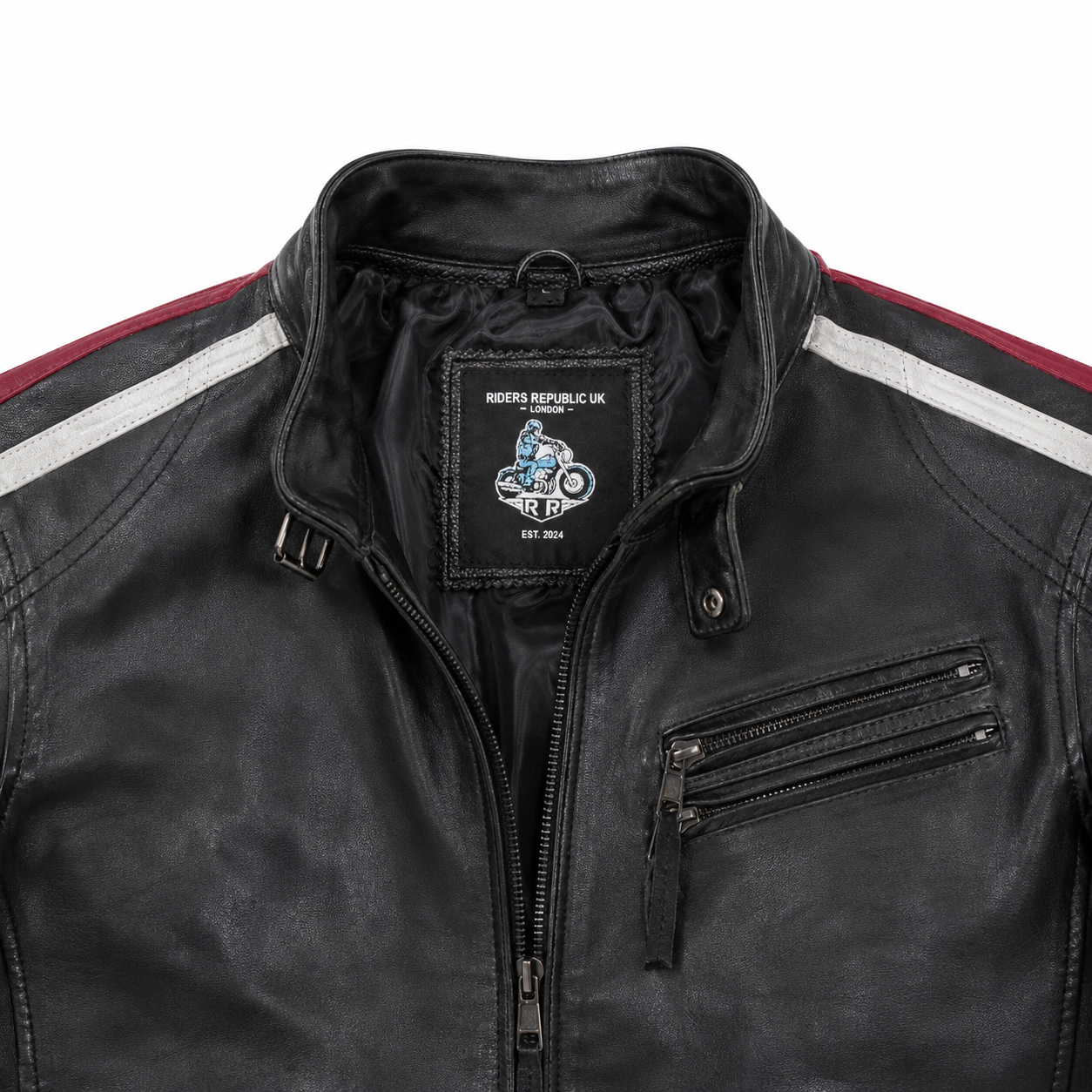 Men’s Black Leather Motorcycle Jacket with Red & White Stripes