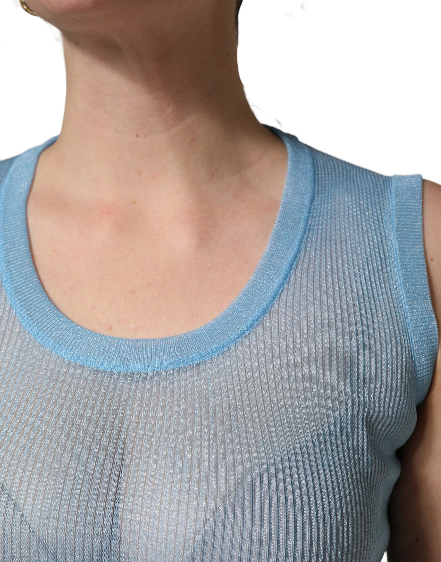 Blue Semi Sheer Ribbed Sleeveless Tank Top
