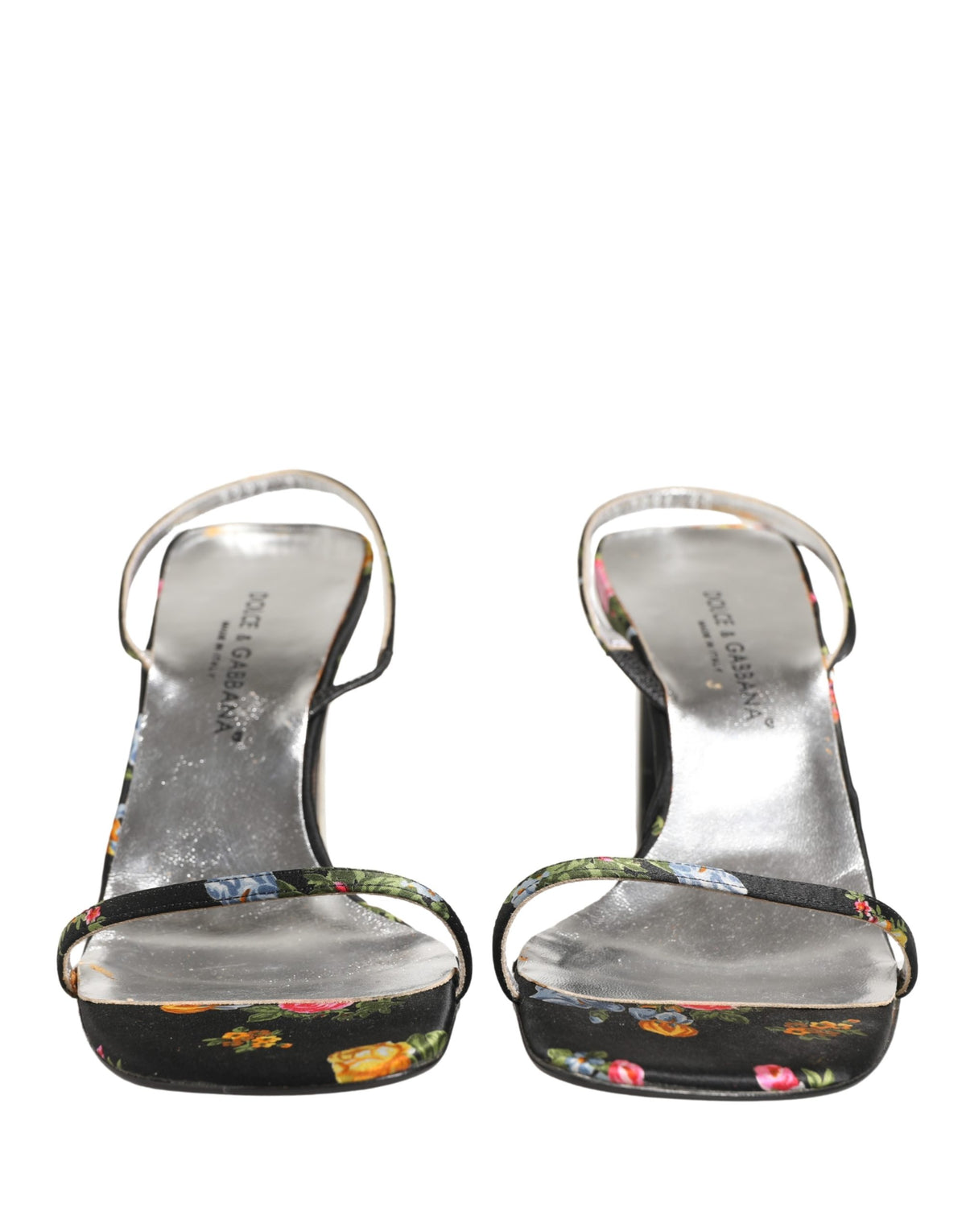 Dolce & Gabbana Black Silver Floral Block Heels Sandals Shoes
