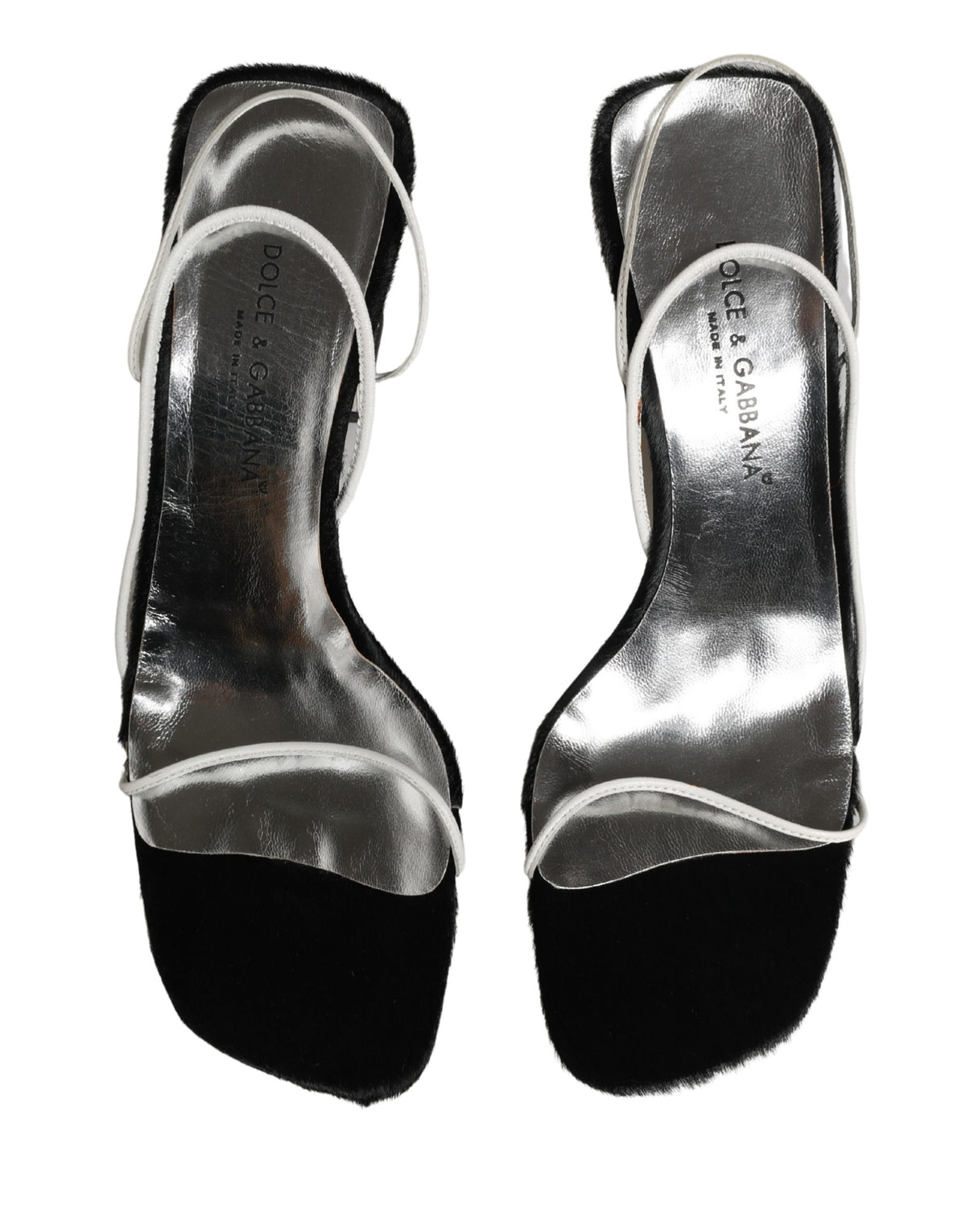 Dolce & Gabbana Silver Black Leather Block Heels Sandals Shoes
