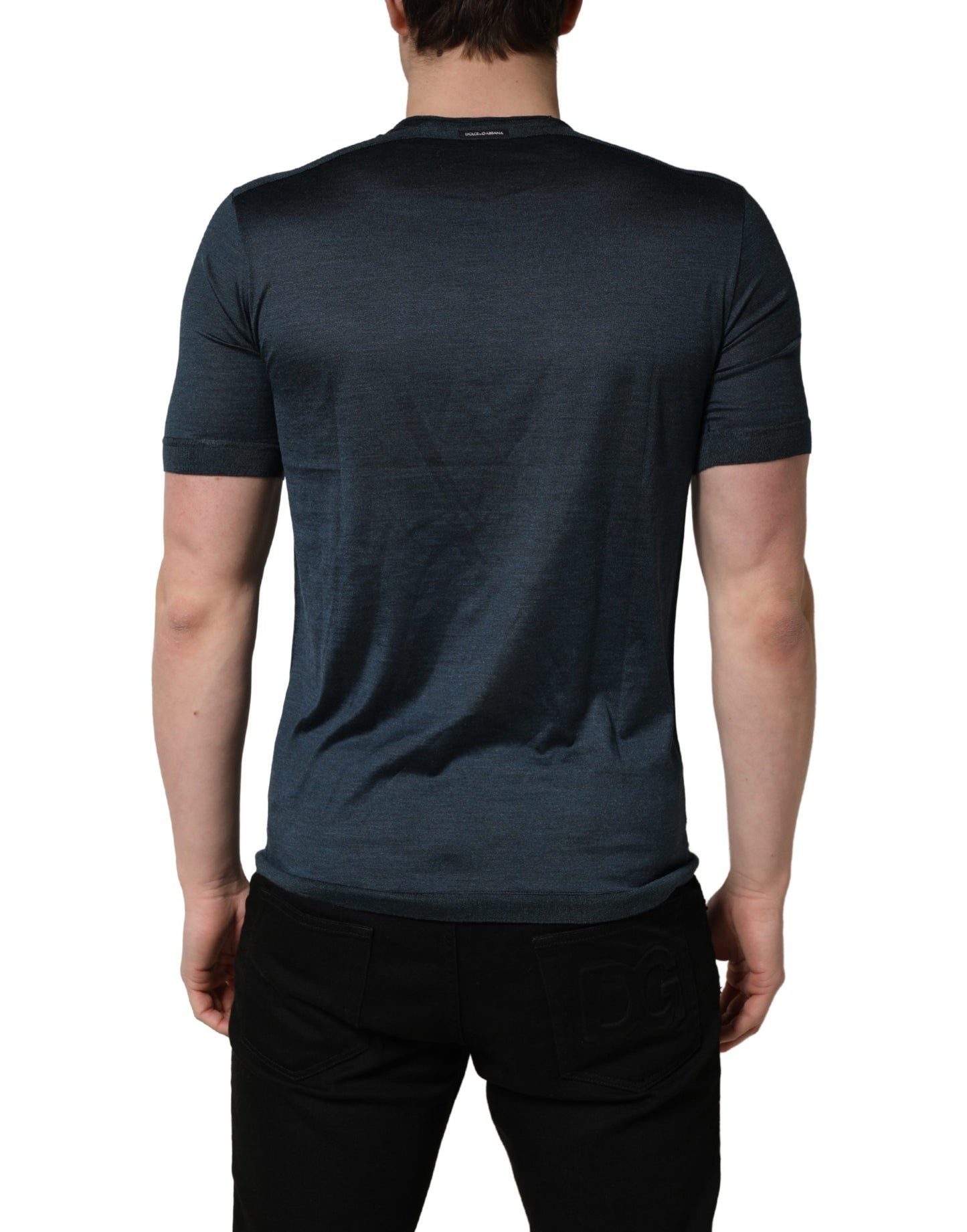 Dark Blue Silk Crew Neck Short Sleeve T-shirt