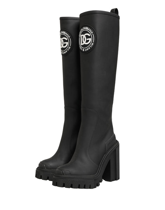 Black Rubberised Leather High Boots Shoes