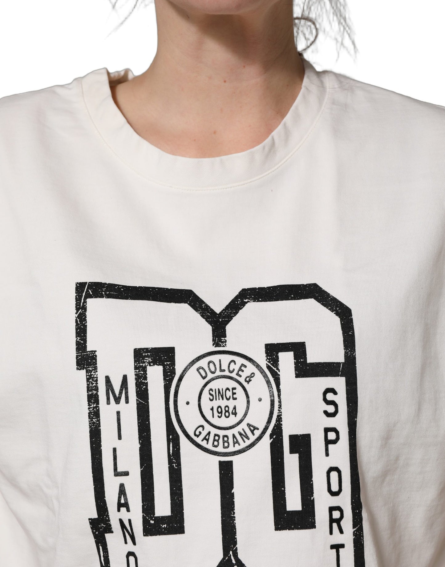 White Cotton DG Logo Print Cropped Jersey Top
