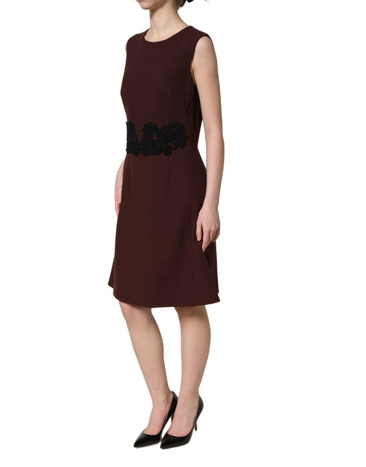 Dolce & Gabbana Maroon Lace Sleeveless Midi Knee Length Dress