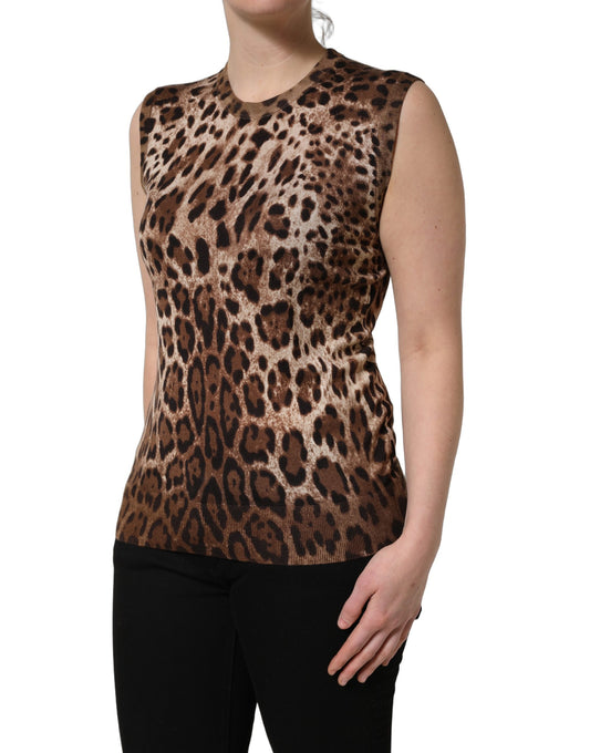Brown Leopard Crew Neck Sleeveless Tank Top