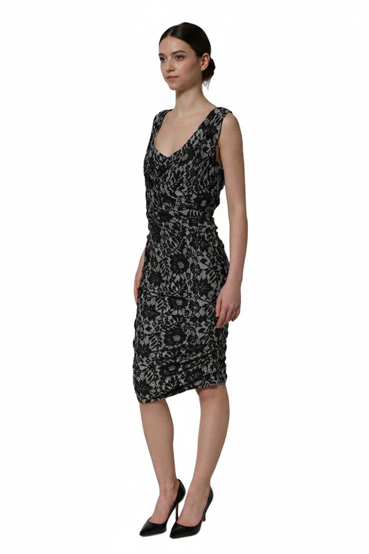 Black White Floral Lace Sleeveless Midi Dress