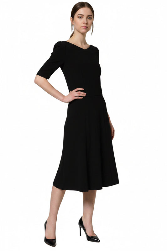 Black Viscose Short Sleeve A-line Midi Dress