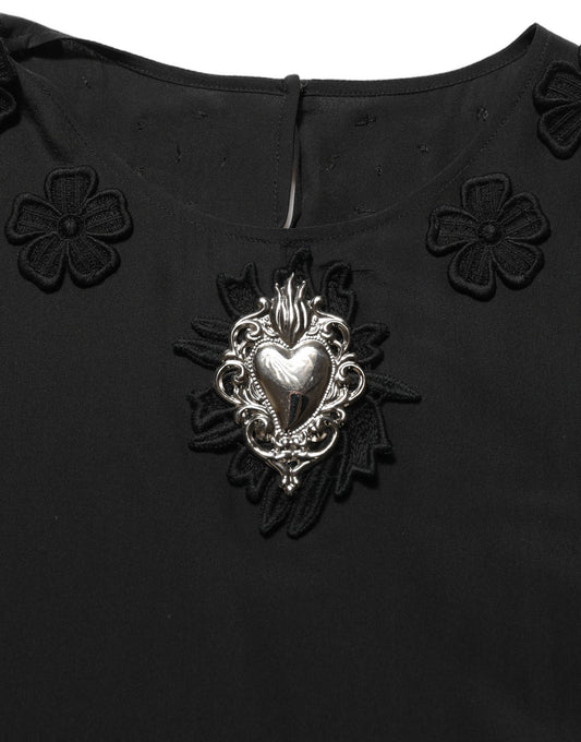 Black Floral Silk Heart Appliqué Blouse Top