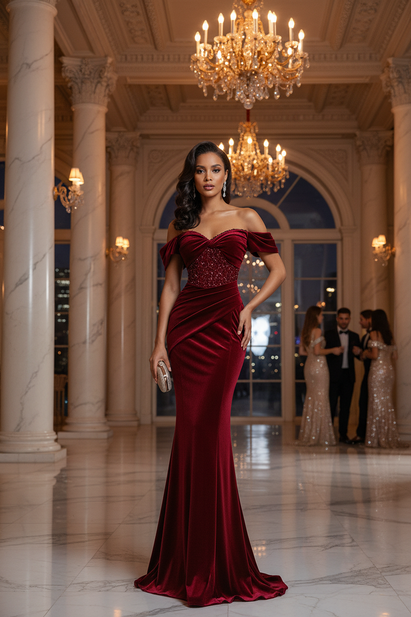 The Windsor Velvet Evening Gown – Ruby Red