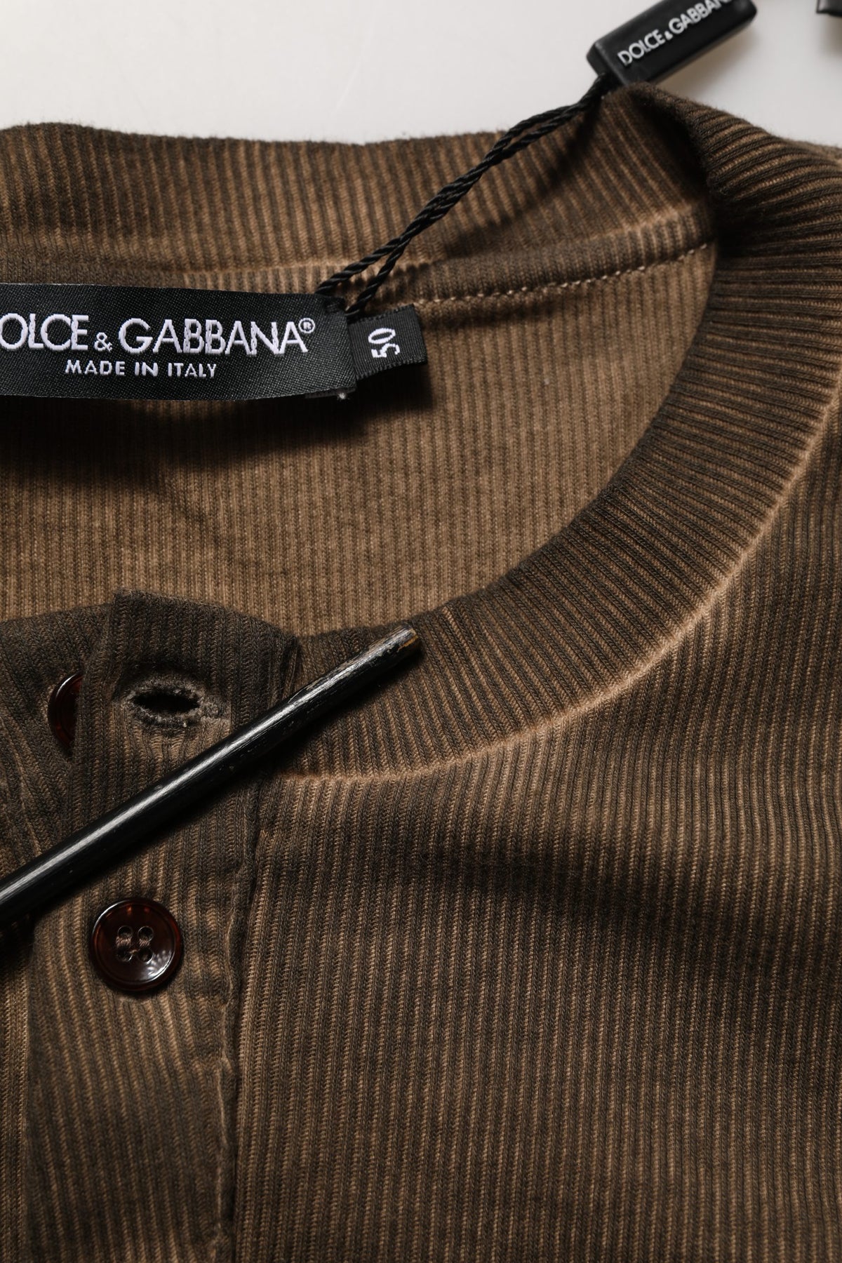 Dolce & Gabbana Brown Cotton Buttoned Henley Pullover Sweater