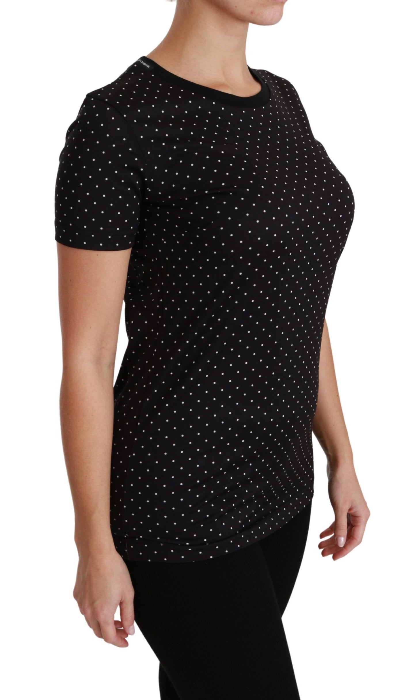 Black Dotted Crewneck Cotton Top T-shirt