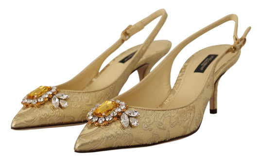 Dolce & Gabbana Gold Crystal Slingbacks Pumps Heels Shoes
