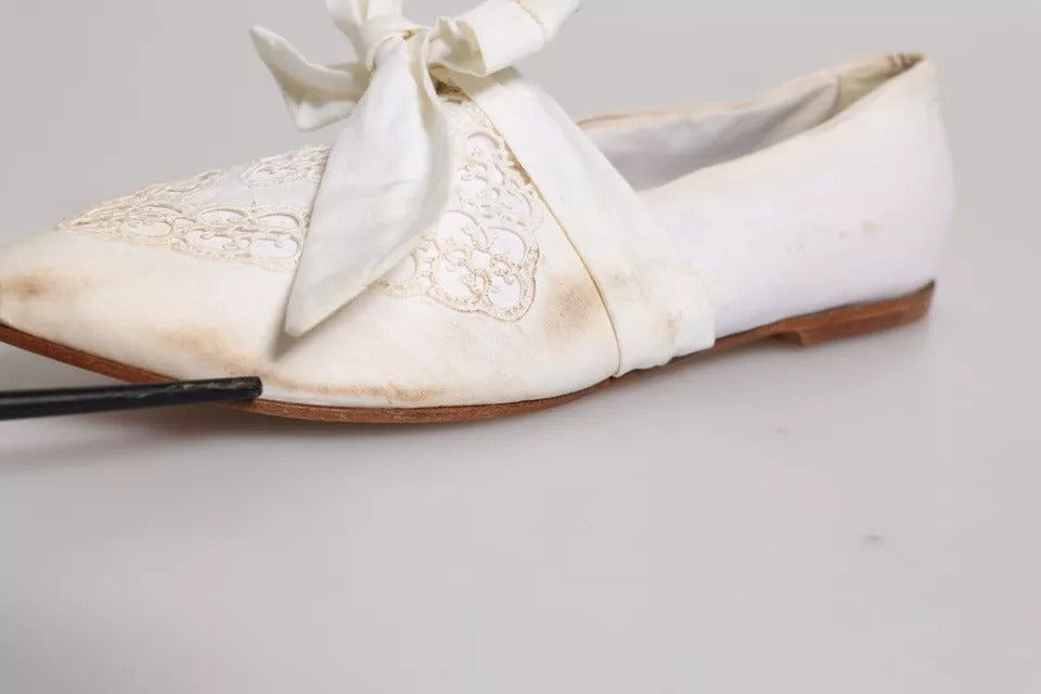 Dolce & Gabbana White Ribbon Fabric Ballerina Flats Shoes