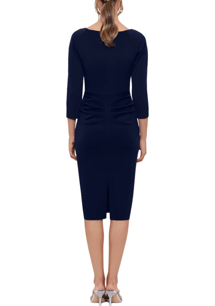 V-Neck 3/4 Sleeve Ruffle Side Sheath Midi Dress Xscape 4994X