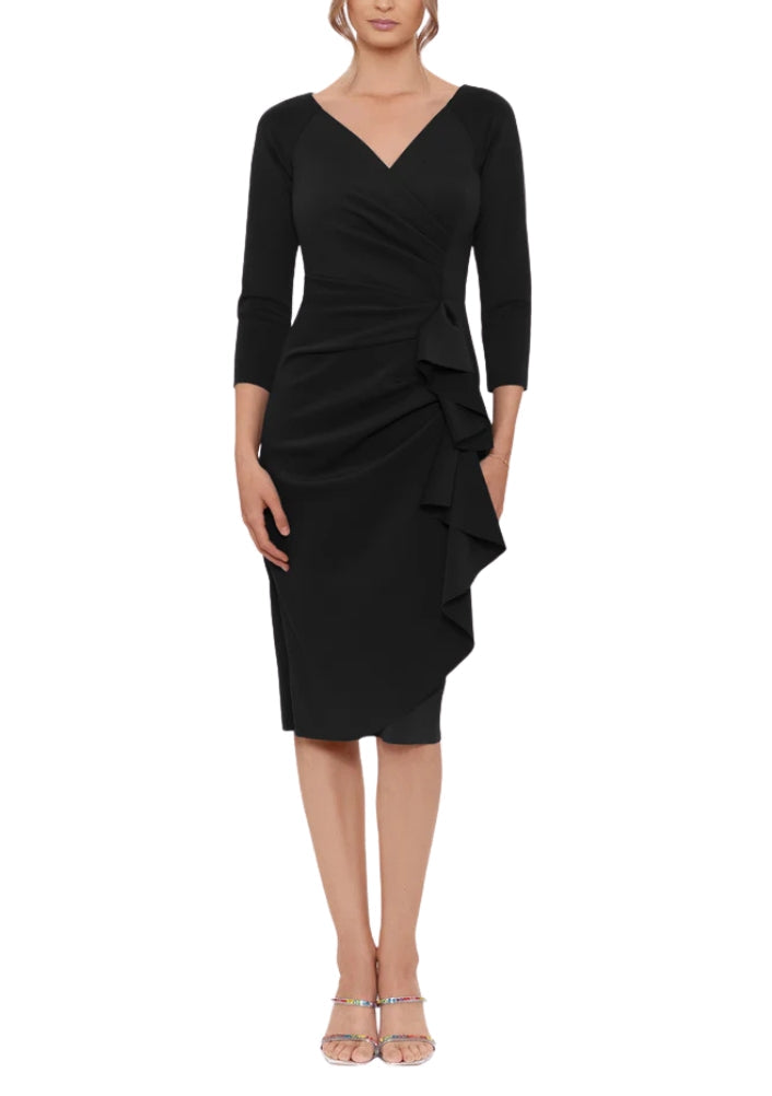 V-Neck 3/4 Sleeve Ruffle Side Sheath Midi Dress Xscape 4994X