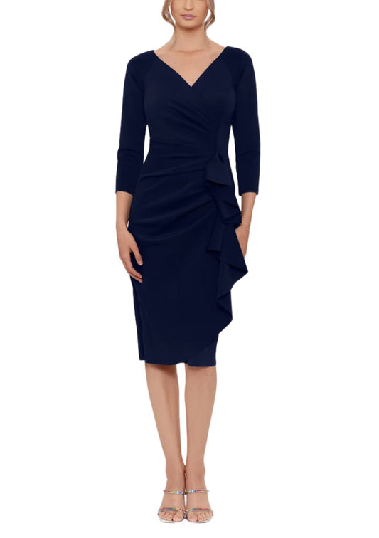V-Neck 3/4 Sleeve Ruffle Side Sheath Midi Dress Xscape 4994X