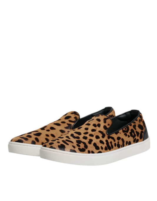 Dolce & Gabbana Brown Calfskin Fur Leopard Sneakers Shoes