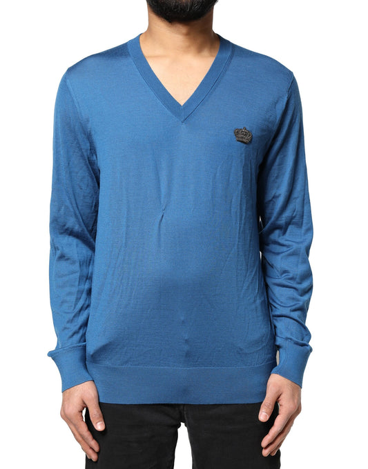 Dolce & Gabbana Blue Cashmere Crown V-neck Pullover Sweater