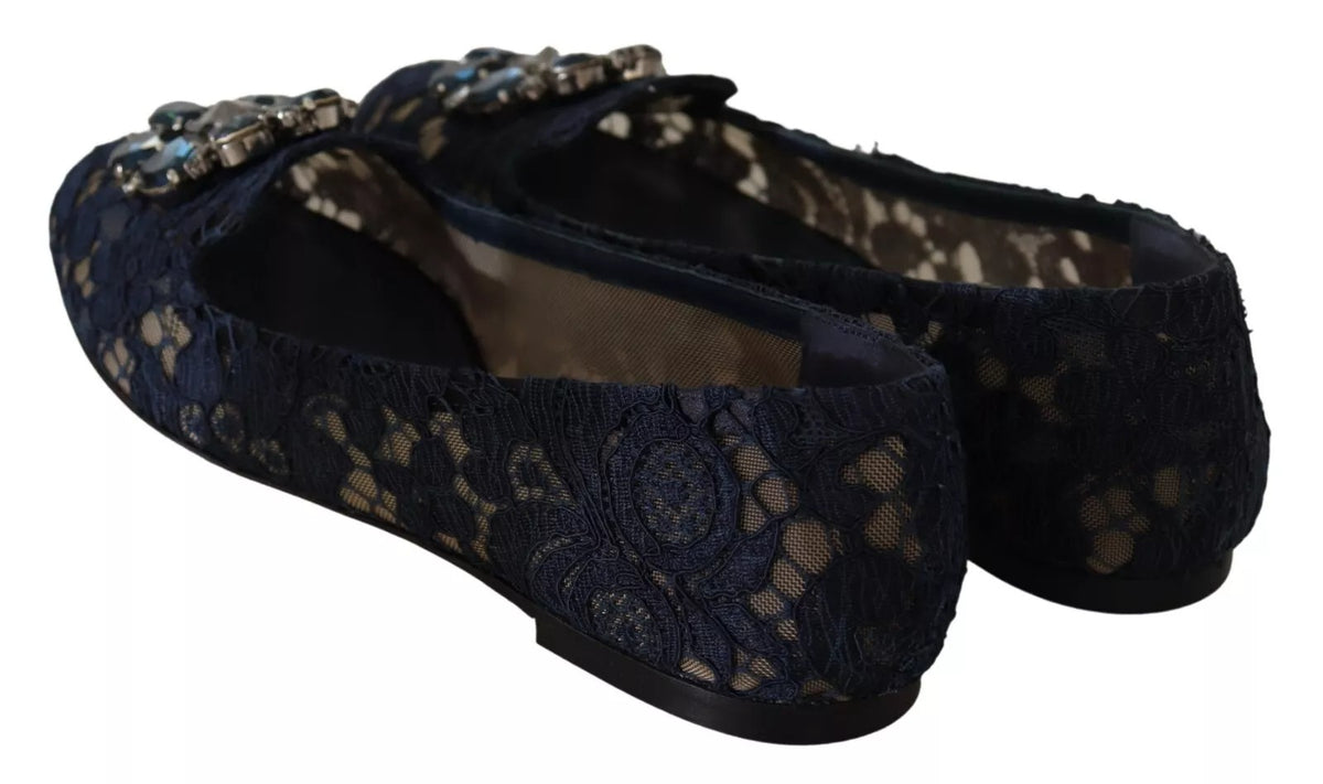 Dolce & Gabbana Blue Crystal Loafer Lace Ballet Flats Shoes