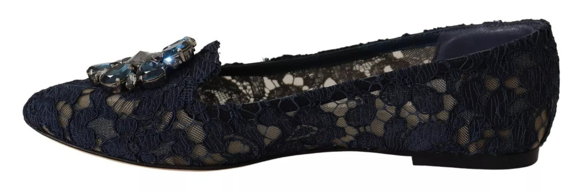 Dolce & Gabbana Blue Crystal Loafer Lace Ballet Flats Shoes