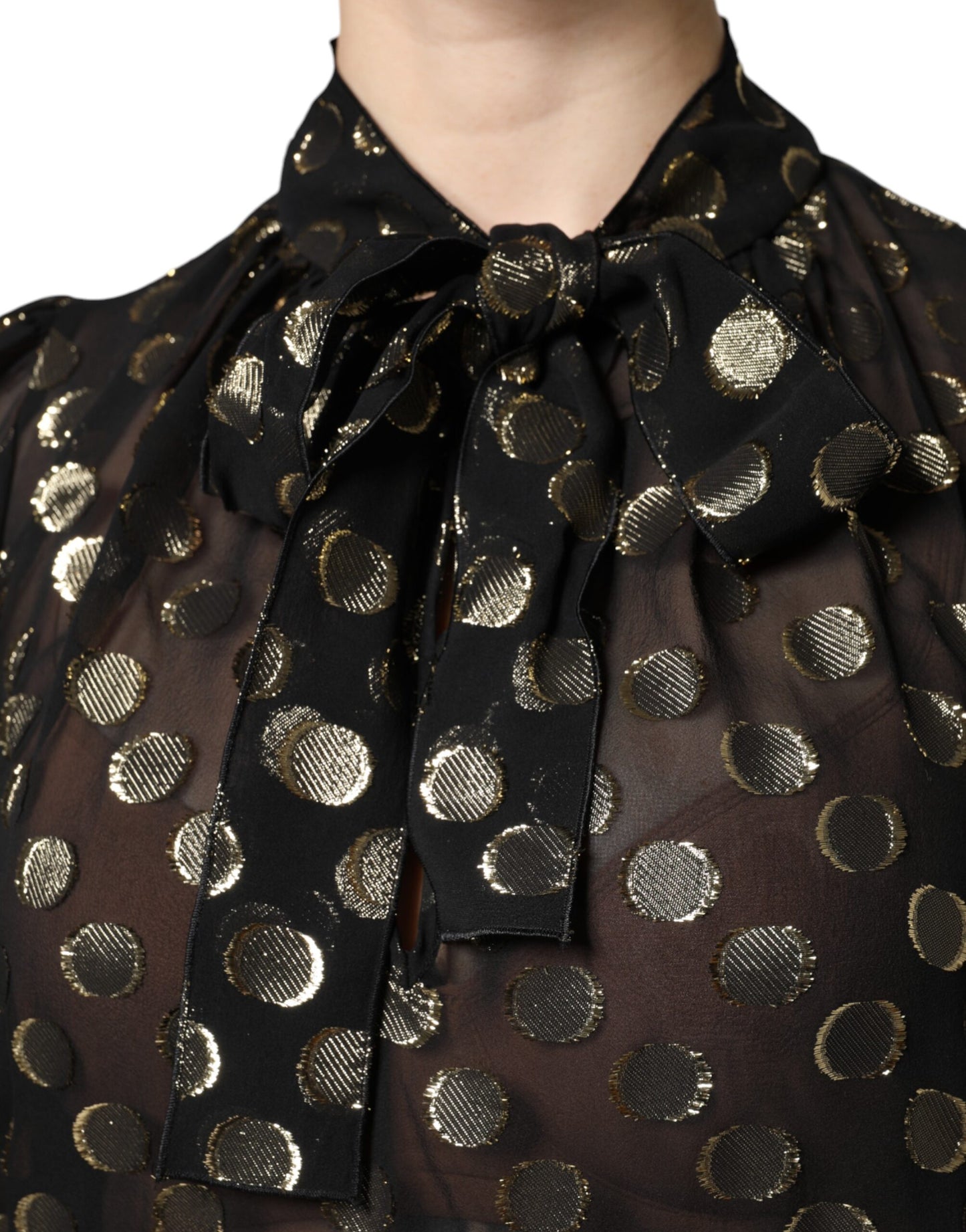 Black Sheer Tied Neck Polka Dots Blouse Top