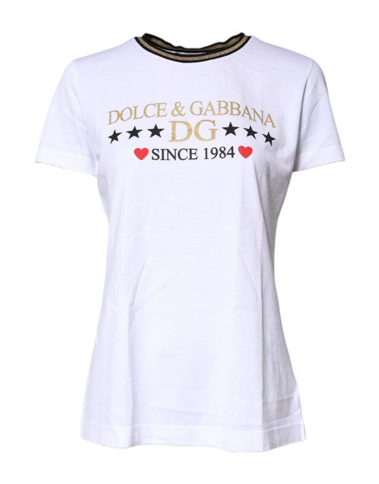 White Printed Round Neck Top Cotton T-shirt