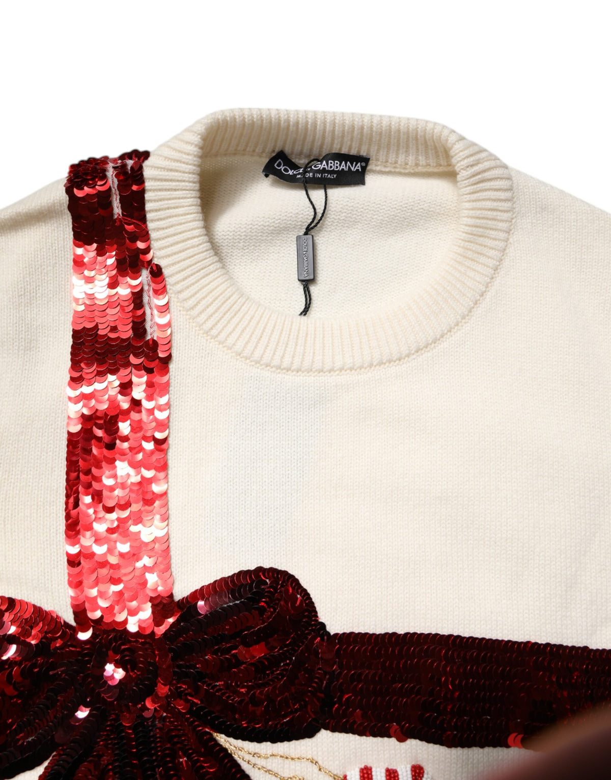 Dolce & Gabbana White Sequined Crew Neck Pullover Sweater