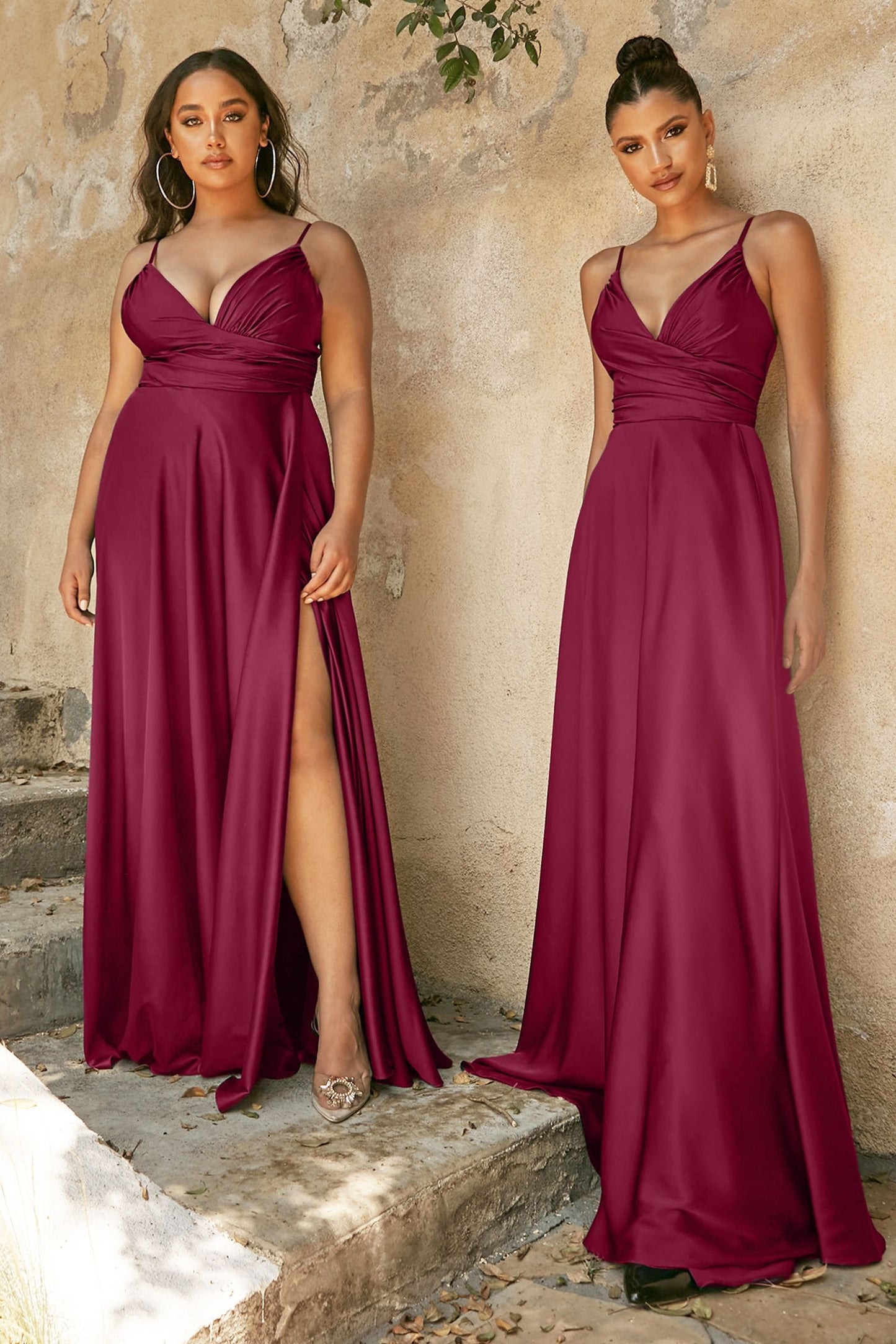 Soft Satin A-Line Bridesmaid Dress w/ Elegant Leg Slit & Spaghetti Straps CD7485