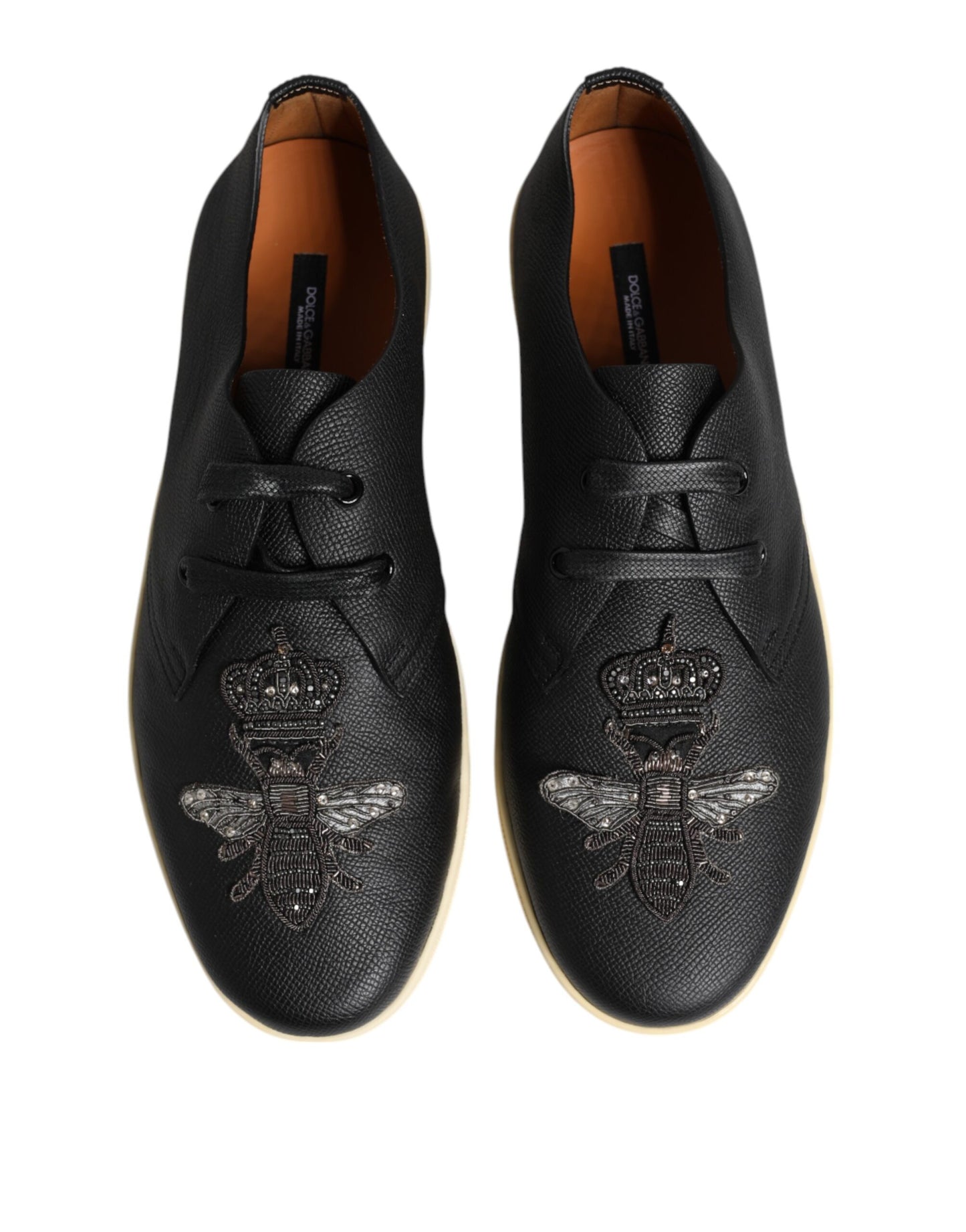 Black Leather Bee Crown Low Top Sneakers Shoes