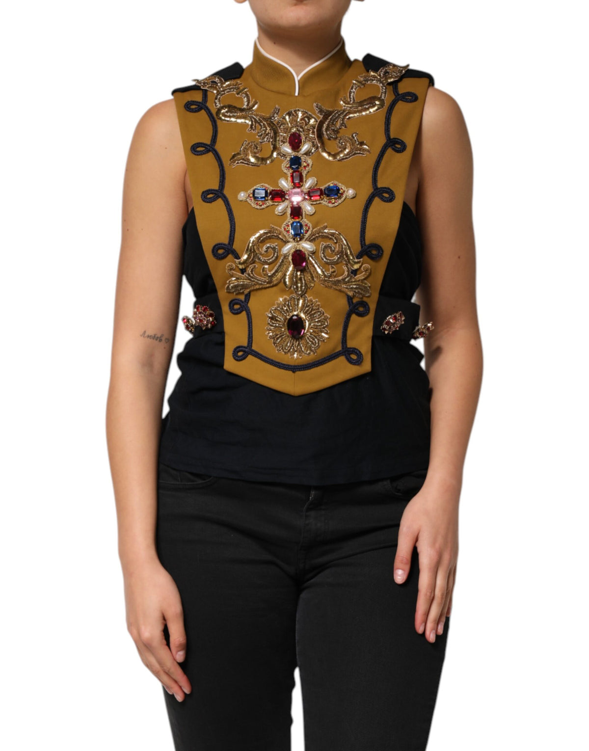 Dolce & Gabbana Yellow Crystal Cross Runway Vest Jacket Top