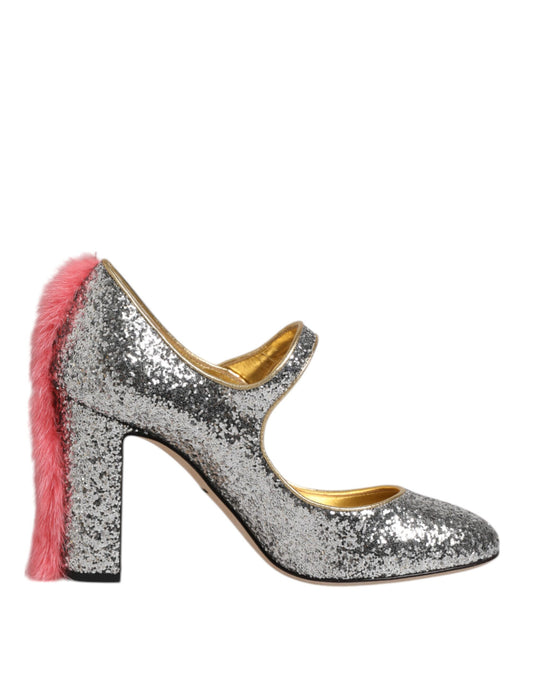 Dolce & Gabbana Silver Glitter Mink Fur VALLY Pump Shoes
