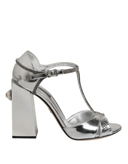 Dolce & Gabbana Silver Leather T-strap Heels Sandals Shoes