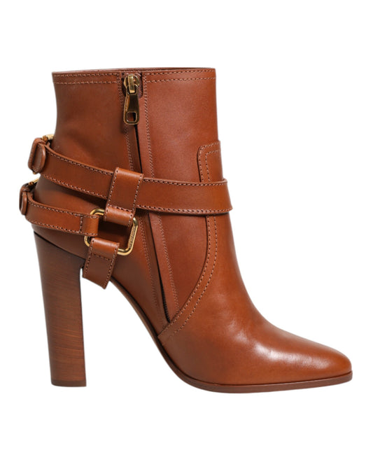 Dolce & Gabbana Brown Leather DG Logo Buckle Ankle Boots Shoes