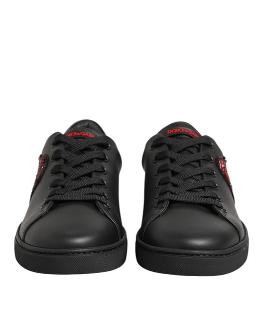Black Leather Crystal Heart Low Top Sneakers  Shoes