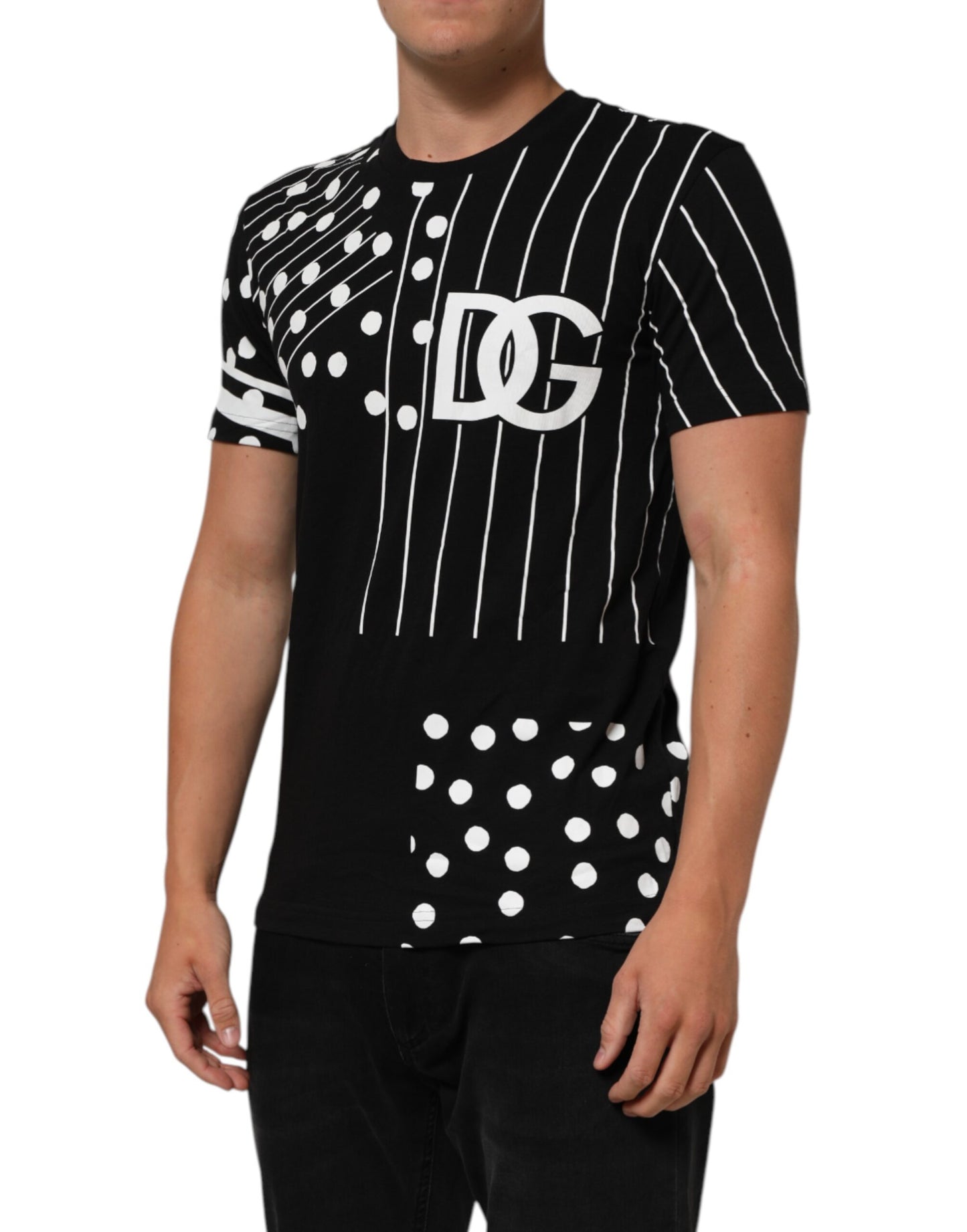 Black Cotton Polka Dots Round Neck T-shirt