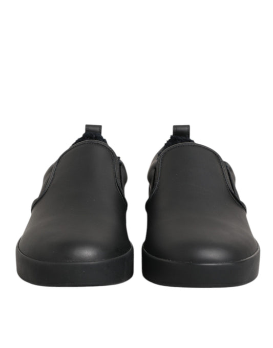 Black Leather Low Top Slip On Sneakers Shoes