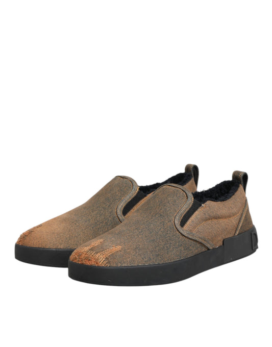 Dolce & Gabbana Brown Cotton Low Top Slip On Sneakers Shoes