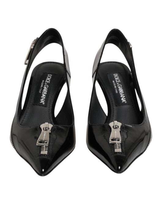 Black Zipper Leather Heels Slingbacks Shoes