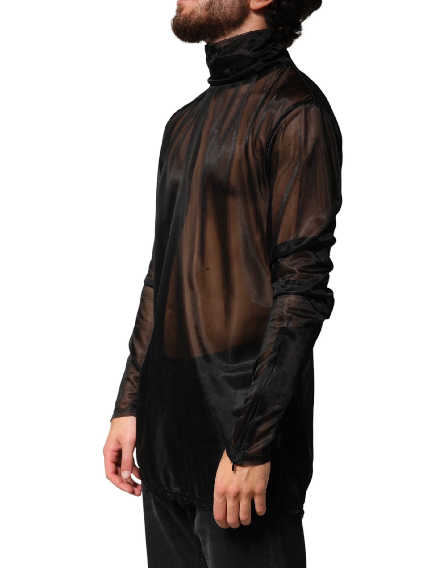 Black Sheer Long Sleeves Turtleneck Top