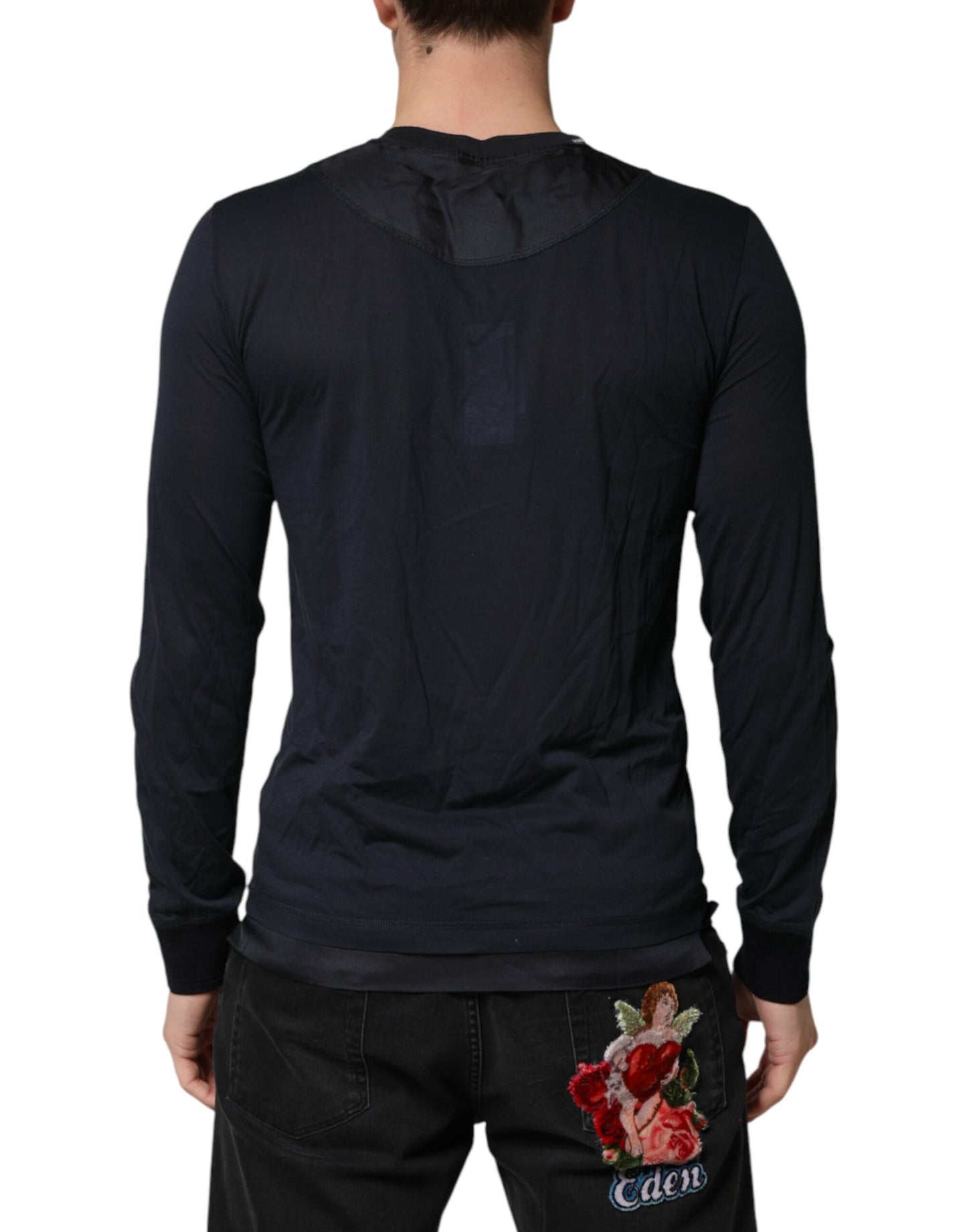 Dark Blue Cotton Henley Long Sleeves T-Shirt