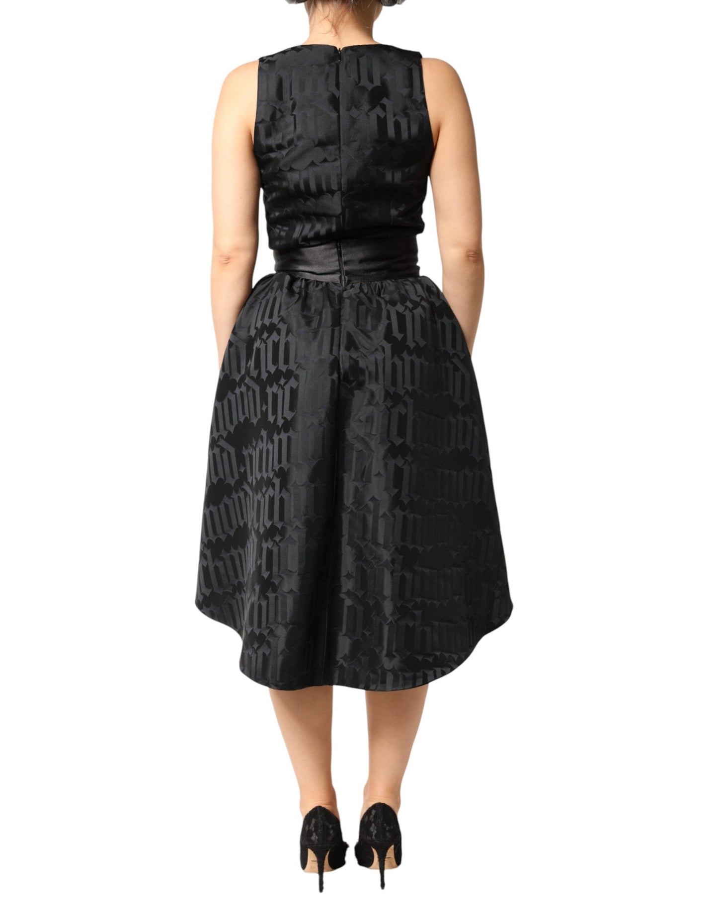 Black Jacquard Deep V-neck Sleeveless 2 Pc Dress