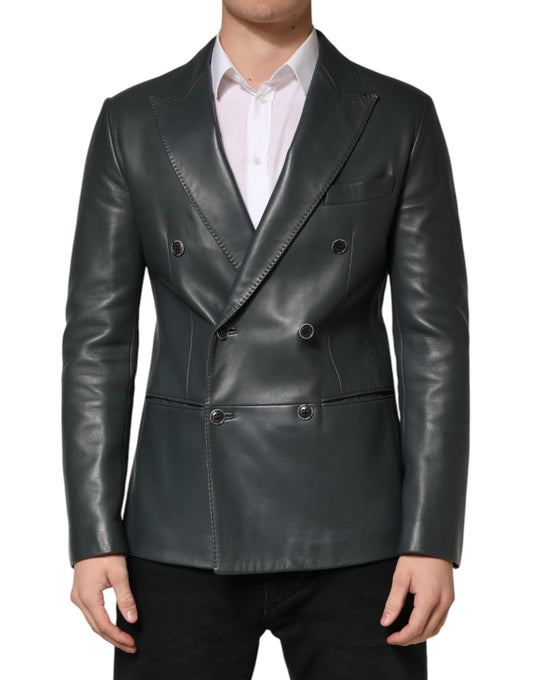 Dolce & Gabbana Dark Gray Leather Double Breasted 2Button Blazer