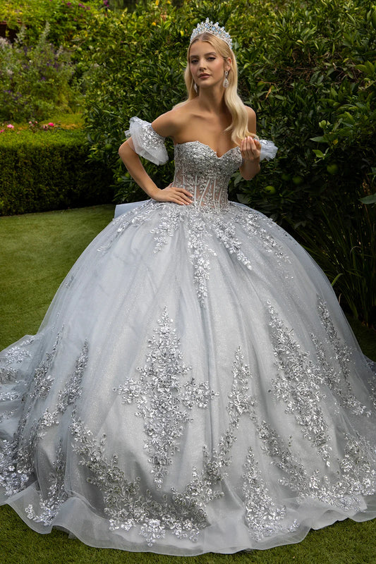 Embroidery embellished glitter mesh quinceanera dress w detachable bow GLGL3519